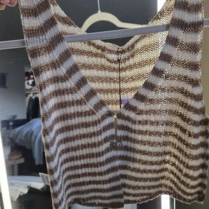 Striped Knit V-Neck Crop Top in Brown and Cream
